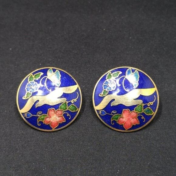 Cloisonne Golden Brass Blue Enamel Post Earrings, Floral Butterfly Design, 1980s - Picture 6 of 9
